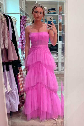 New Style A line Hot Pink Spaghetti Straps Prom Dresses With Ruffles OM0077