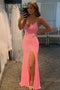 Stunning Spaghetti Straps V Neck Sequins Mermaid Long Prom Dresses with Slit OM0092