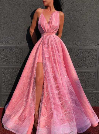 Sexy A-line Pink Sequins V Neck Sleeveless Prom Party Dresses, Long Evening Dress OM0086
