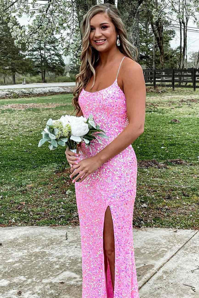 Glitter Mermaid Hot Pink Sequins Long Prom Dresses, Sexy Graduation Dresses OM0274
