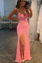 Sparkly Spaghetti Straps Pink Mermaid Sequined Long Prom Dresses, Fromal Dresses OM0174