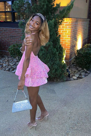 Sparkly A line Pink Sequins Halter V Neck Homecoming Dresses, Sweet 16 Dresses OMH0242