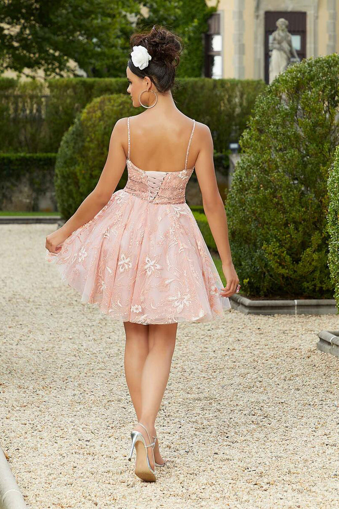 A Line Spaghetti Straps Lace up Pink V Neck Lace Appliques Graduation Homecoming Dress OMH0048