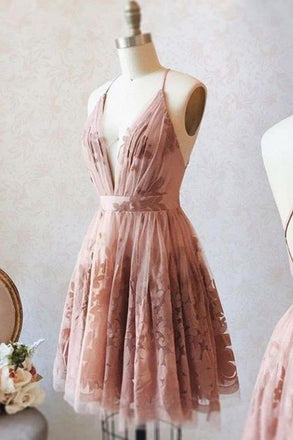 Simple A line Spaghetti Straps Pink V neck Homecoming Dresses with Appliques OMH0026