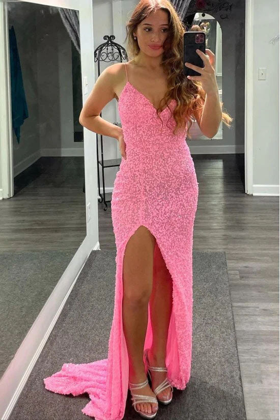Glitter Mermaid Pink Spaghetti Straps Sequins V Neck Prom Dresses, Evening Dresses OM0289