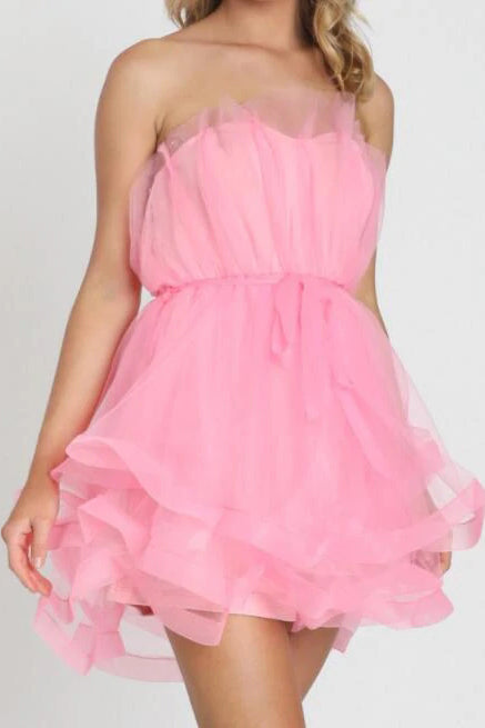 Tulle A-Line Short Party Dress, Strapless Homecoming Dresses, Cute Cocktail Dress OMH0084