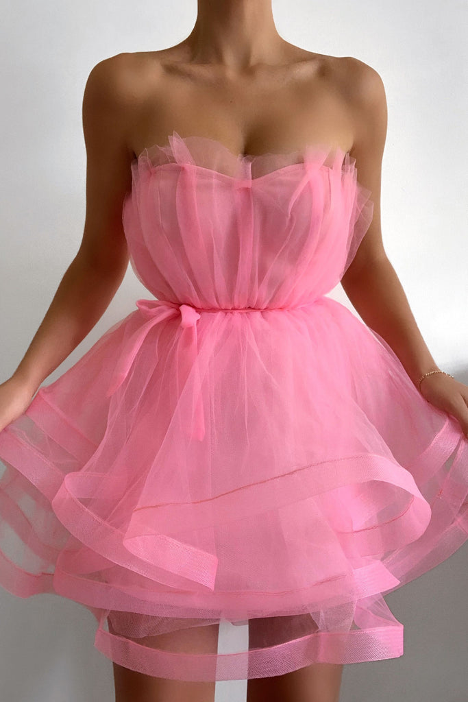 Tulle A-Line Short Party Dress, Strapless Homecoming Dresses, Cute Cocktail Dress OMH0084