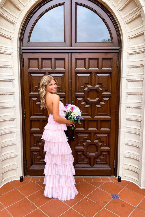 A Line Pink Halter Tulle Long Prom Dress, Layers Sleeveless Unique Dance Dresses OM0329