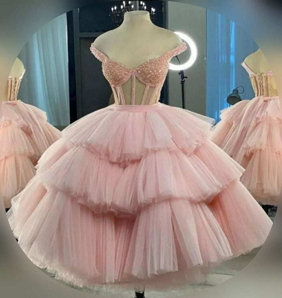 Ball Gown Sweetheart Beaded Crystal Tiered Pink Short Prom Dresses, Homecoming Dress OM0204