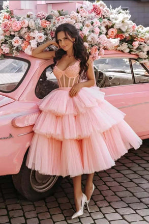 Ball Gown Sweetheart Beaded Crystal Tiered Pink Short Prom Dresses, Homecoming Dress OM0204