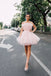 A Line Pink Tulle Strapless Short Prom Dresses, Sleeveless Homecoming Dresses OMH0083