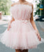 A Line Pink Tulle Strapless Short Prom Dresses, Sleeveless Homecoming Dresses OMH0083