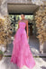 Unique A Line Tulle Pink Strapless Long Prom Dresses, Sleeveless Evening Dresses OM0331