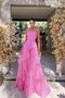 Unique A Line Tulle Pink Strapless Long Prom Dresses, Sleeveless Evening Dresses OM0331
