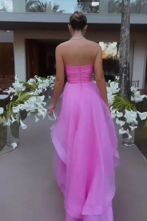 Unique A Line Tulle Pink Strapless Long Prom Dresses, Sleeveless Evening Dresses OM0331