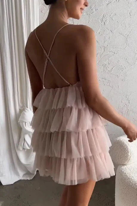 Blush Pink V Neck Ruffles Short Homecoming Dresses, Tiered Criss Cross Back Party Dress OMH0250