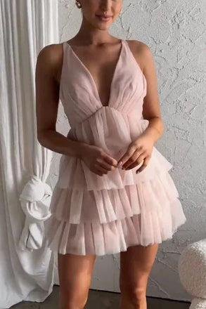 Blush Pink V Neck Ruffles Short Homecoming Dresses, Tiered Criss Cross Back Party Dress OMH0250