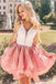 A Line V-Neck Above Knee Short Pink Tiered Homecoming Dresses With Lace OMH0167