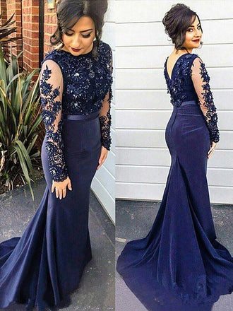 Trumpet/Mermaid Lace Appliques Blue Long Sleeves Plus Size Dresses PDF45