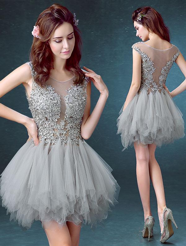 Tulle Scoop Unique Junior Homecoming Dress with appliques,Graduation Dress PDN99