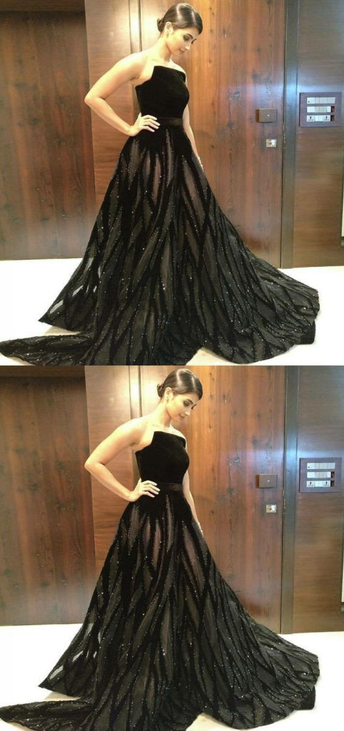 Unique A Line Black Strapless Long Prom Dresses With Beading PDF50