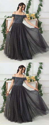 Grey Tulle A Line Beads Long Prom Dress,Evening Dresses PDE88