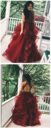 Cheap Burgundy A Line Beading Long Prom Dresses With Ruffles PDF52