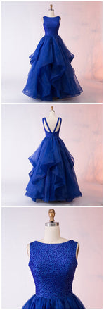 Fashion A-Line Bateau Long Royal Blue Organza Prom Dress with Beading PDF64