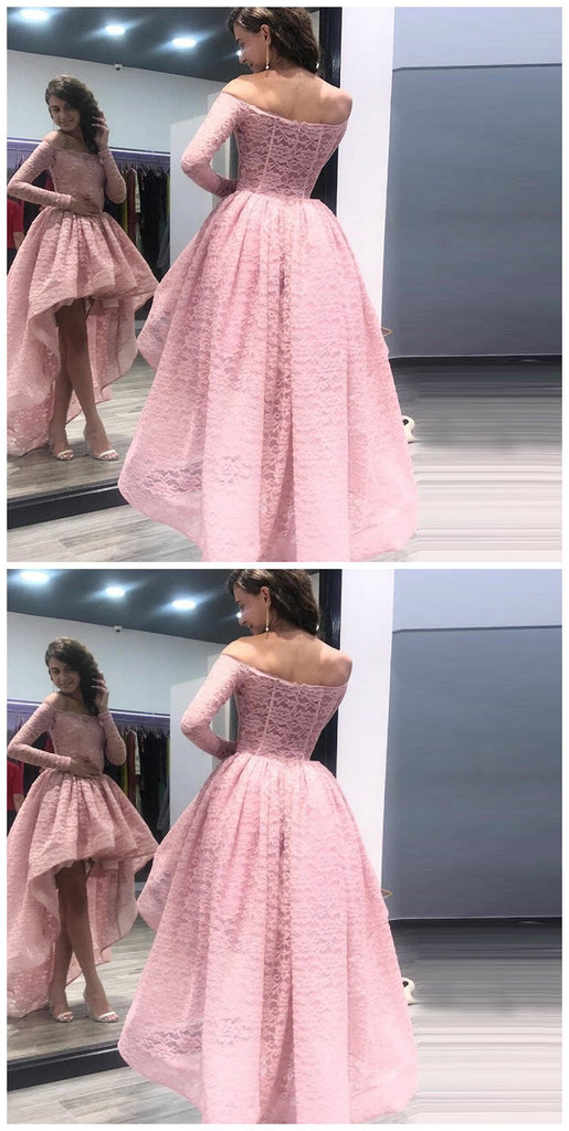 Fashion A-Line Off the Shoulder High Low Long Sleeves Pink Lace Prom Dress PDF54