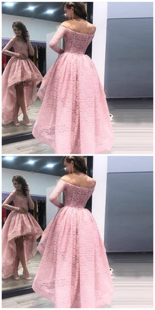 Fashion A-Line Off the Shoulder High Low Long Sleeves Pink Lace Prom Dress PDF54