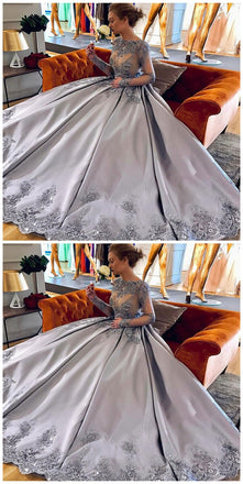 Elegant A-Line Bateau Long Sleeves Grey Satin Prom Dress with Appliques PDF55