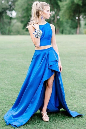 Two Pieces Royal Blue High Low Simple Prom Dresses PDH94