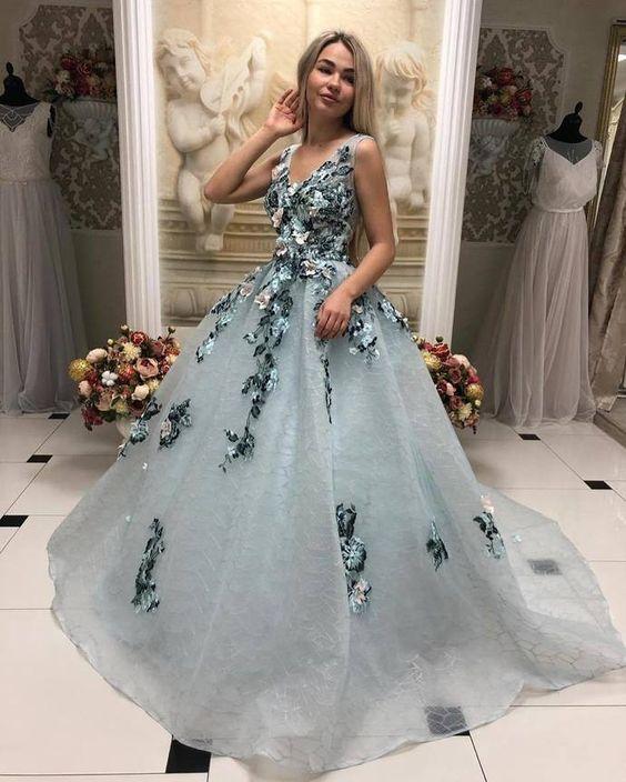 A Line V Neck Long Prom Gown With Appliques, Formal Evening Dress PDL31