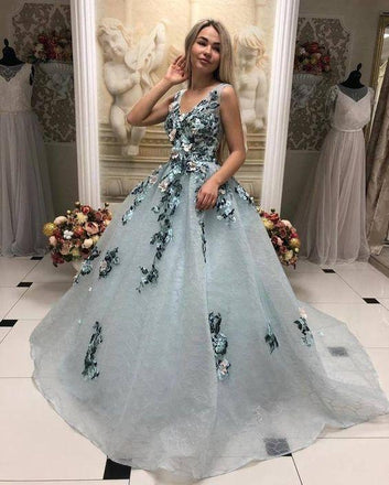 A Line V Neck Long Prom Gown With Appliques, Formal Evening Dress PDL31