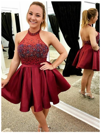 Burgundy Halter Sleeveless Backless A Line Homecoming Dresses PDL81