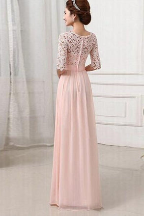 Half Sleeves Pink Lace Chiffon Bridesmaid Dresses,Simple Prom Dresses PDO82