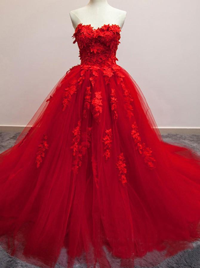Charming Red Sweetheart Strapless Ball Gown Applique Tulle Long Prom Dress PDE82