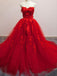 Charming Red Sweetheart Strapless Ball Gown Applique Tulle Long Prom Dress PDE82