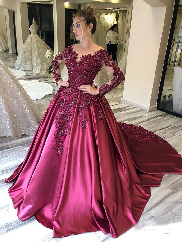 Long Sleeves Lace Appliques Burgundy Court Train Ball Gown Prom Dresses PDS8