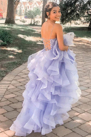 Princess A Line Lavender Spaghetti Straps Ruffles Long Prom Dresses Evening Dresses OM0220