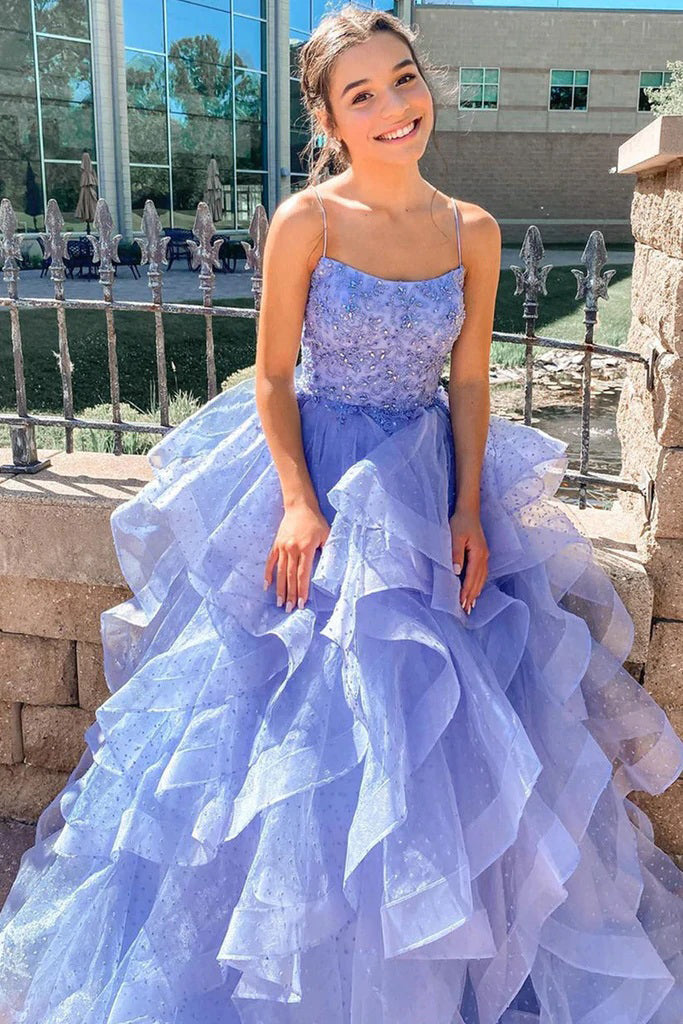 Princess A Line Lavender Spaghetti Straps Ruffles Long Prom Dresses Evening Dresses OM0220