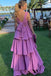 Simple A Line Purple Straps Layers Prom Dresses, Backless Evening Graduation Gowns OM0327