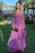 Simple A Line Purple Straps Layers Prom Dresses, Backless Evening Graduation Gowns OM0327