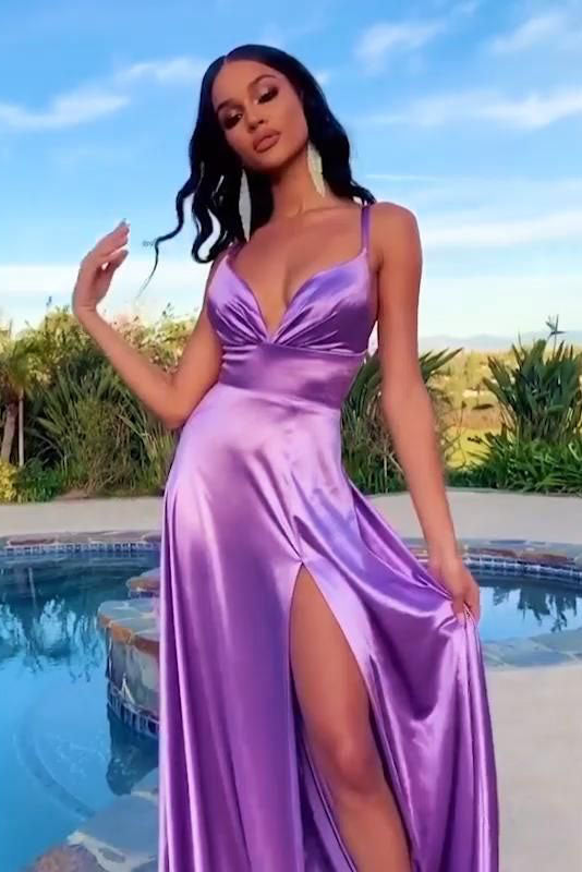 Stunning Purple Spaghetti Straps V neck Prom Dresses with Slit, Evening Dresses OM0131