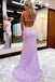Lilac Mermaid Sequined V neck Open Back Prom Dresses with Slit, Party Dresses OM0167