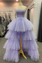 High Low Lavender Tulle Strapless Shiny Long Formal Dresses, Tiered Prom Dresses OM0175