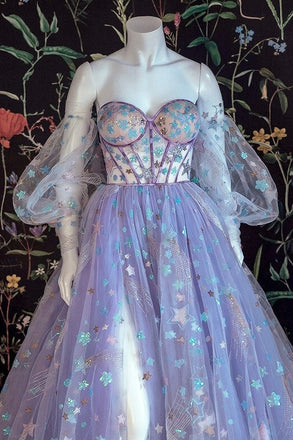 Charming Light Purple Tulle Sweetheart Strapless A line Prom Dresses with Slit Stars OM0157