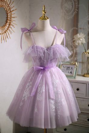 Light Purple Tulle Homecoming Dress With Bowknot, Mini Prom Graduation Dresses OMH0104
