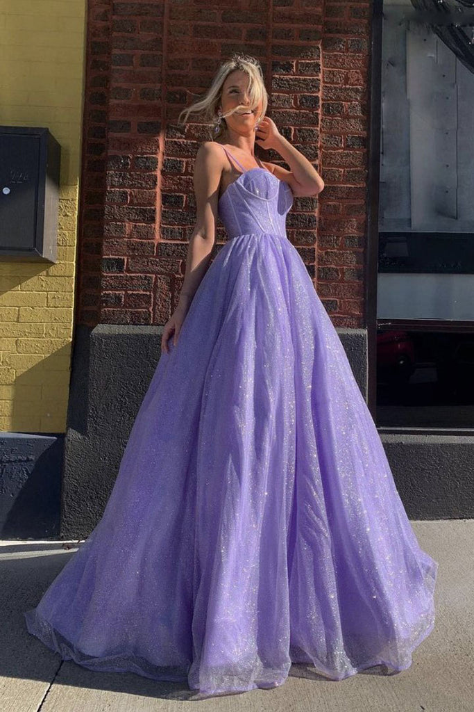 Charming A line Purple Spaghetti Straps Tulle Long Prom Dresses, Evening Gowns OM0129