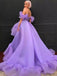 High Low Purple Off the Shoulder Tulle Sweetheart Prom Dresses, Evening Dresses OM0190